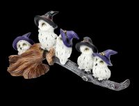 Funny Owls Playing on Witches' Broomstick