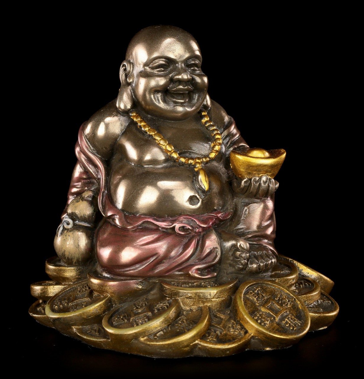Happy Buddha Figur - Sitzend auf Goldhaufen