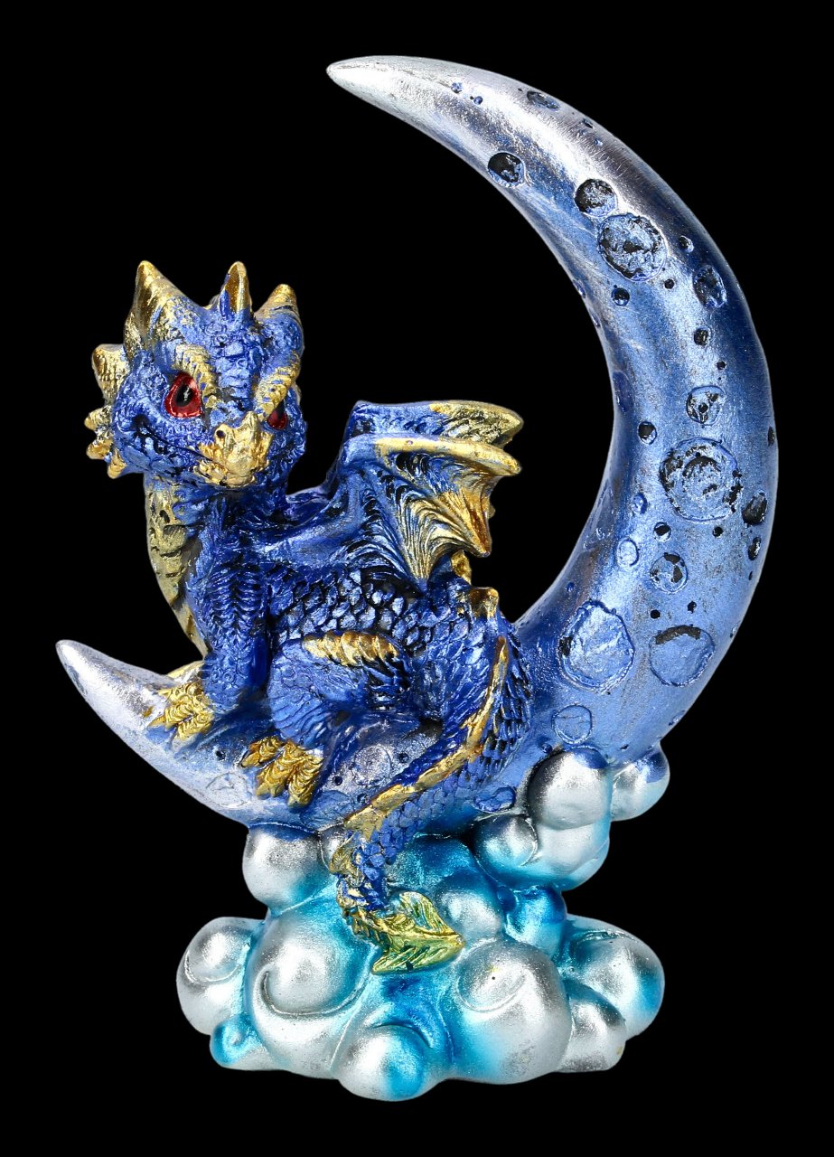 Dragon on Moon Figurine - Crescent Creature - blue