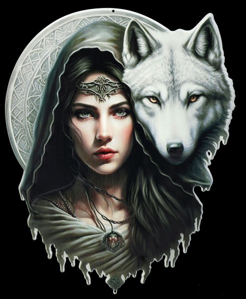 Blechschild - Mystische Magierin mit Wolf
