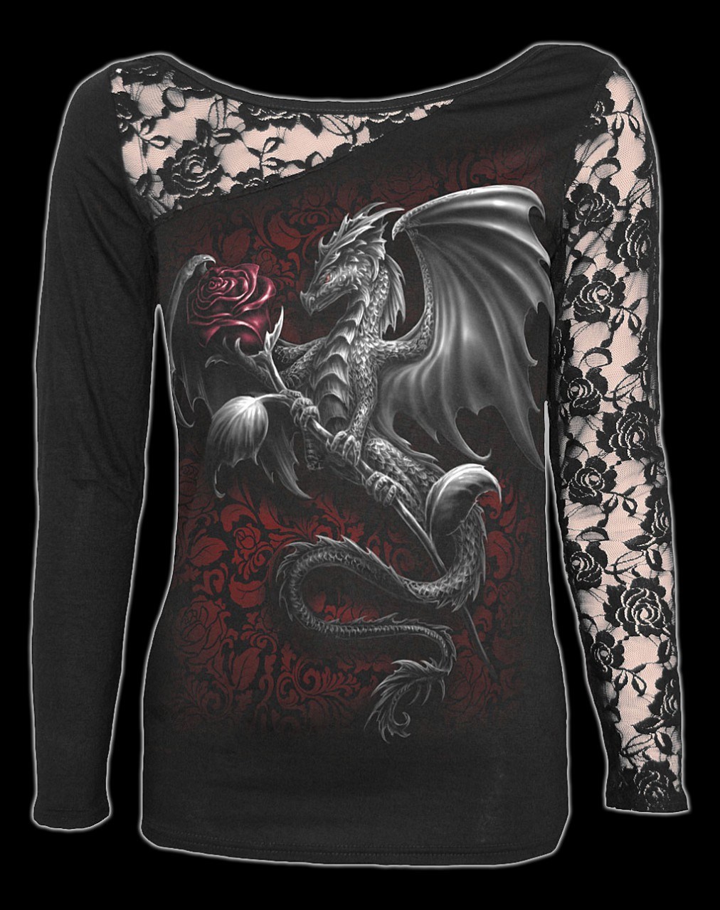 Netz Langarmshirt Damen mit Drache - Dragon Rose