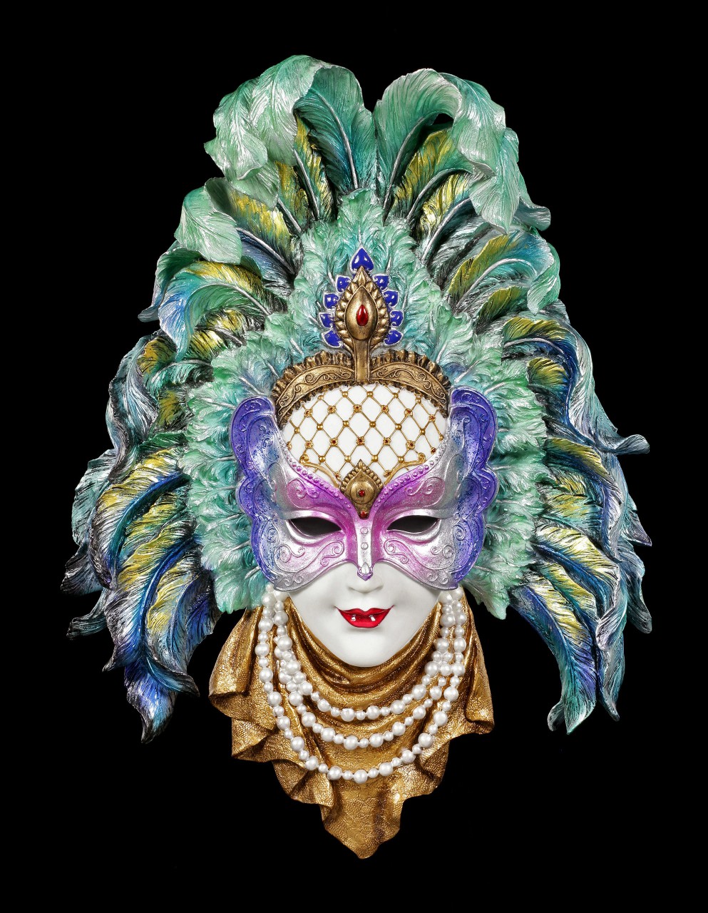Bunte Venezianische Maske mit Federn - Karneval