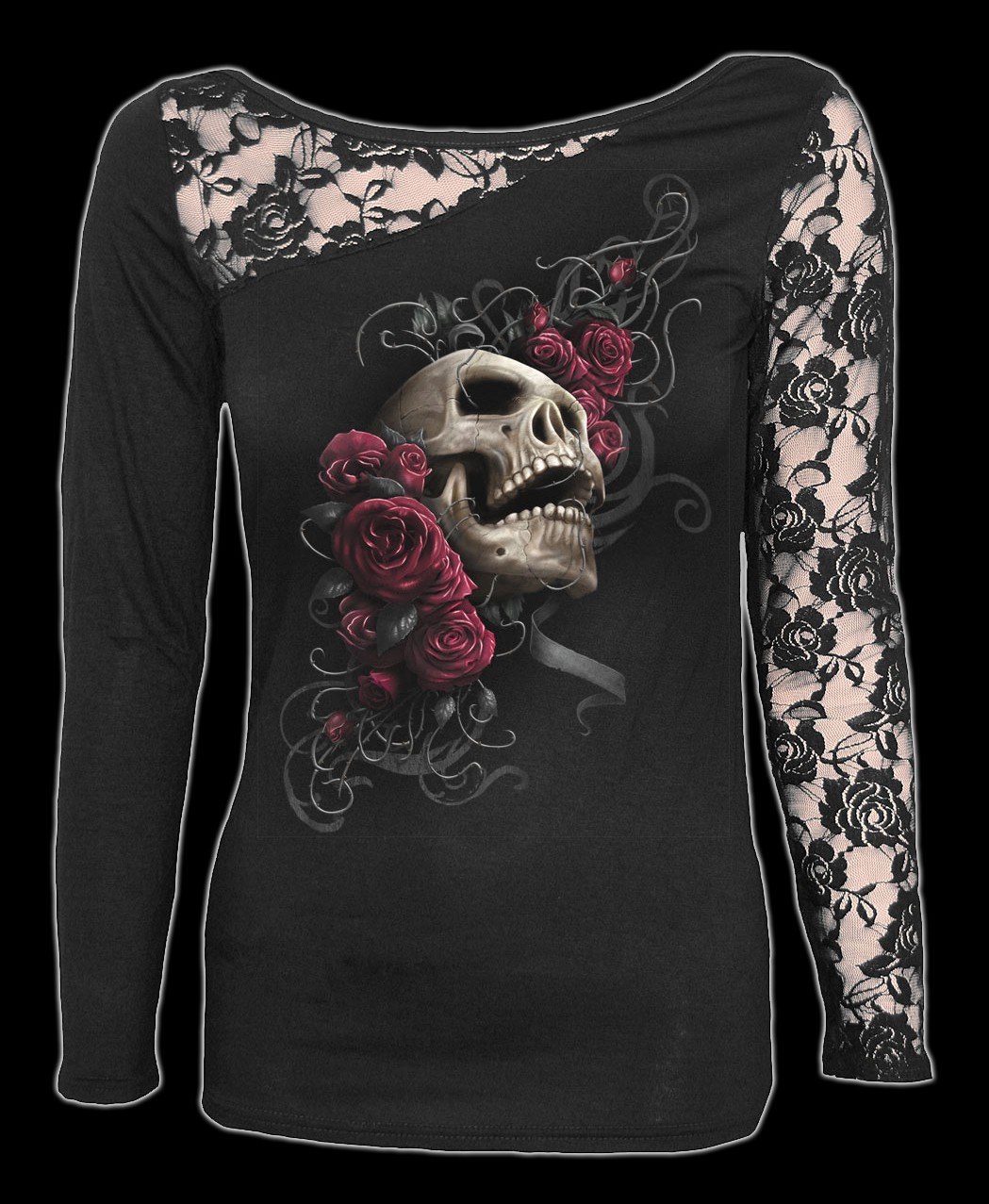 Netz Langarmshirt Damen - Gothic Totenkopf - Rose Skull