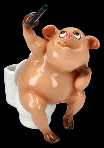 Lustige Schweine Figur - Selfie am Klo