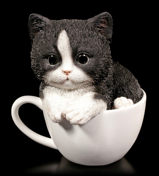 Cat Figurine - Black and white Kitten Teacup Pup