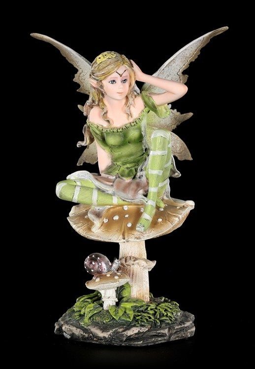 Green Fairy Figurine - Alanel sitting on Mushroom