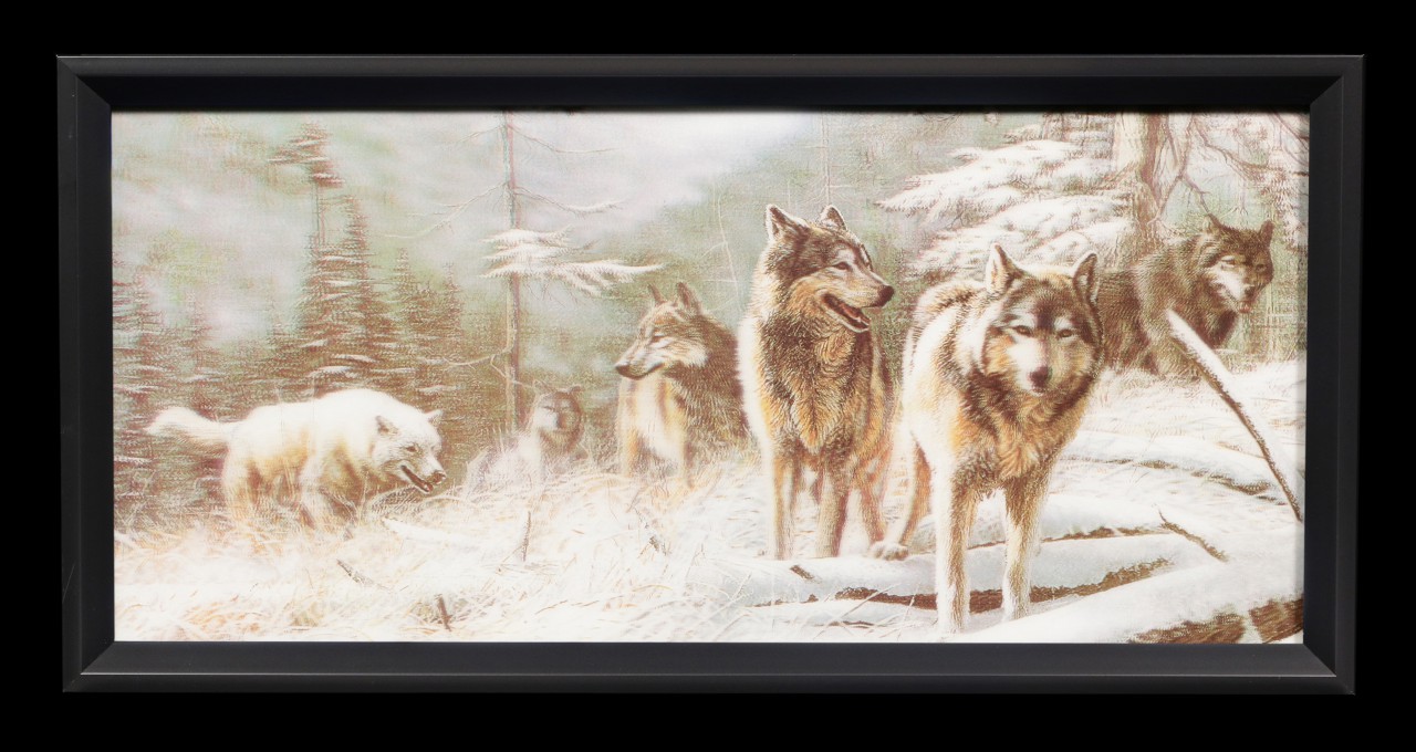 3D-Bild im Rahmen mit Wölfen - Auf der Jagd