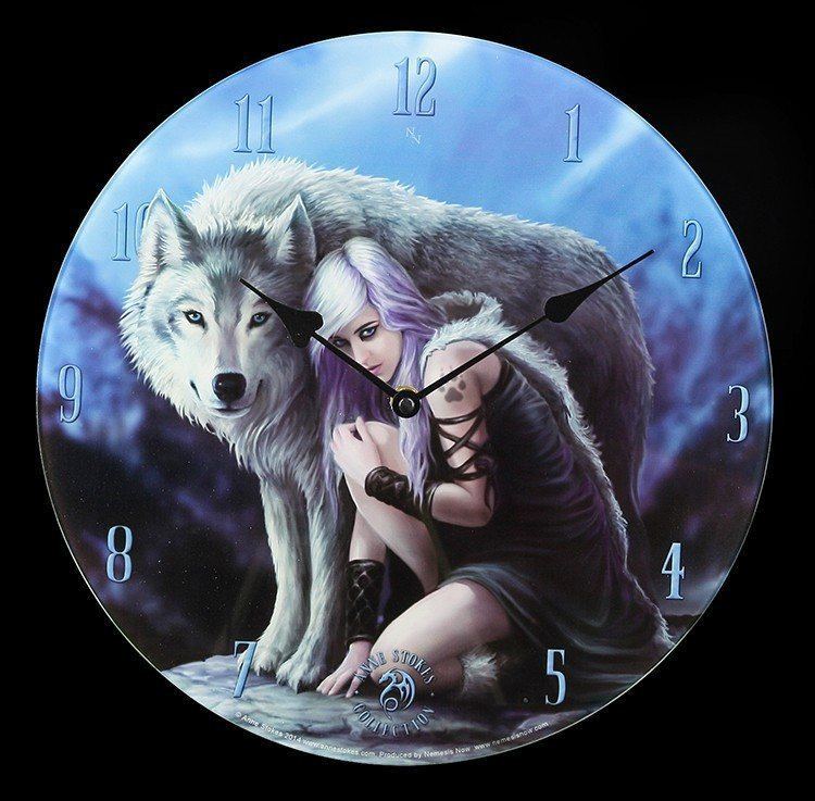 Glass Clock with Wolf - Protector by Anne Stokes