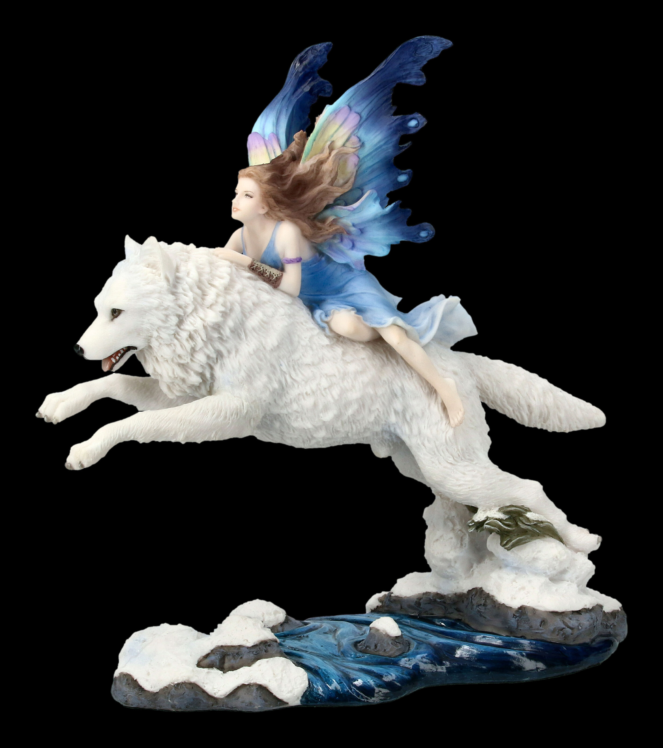 dunkle Elfe mit Wolf 23 cm hoch Fantasy Figur Fee Dark Aura WGT 