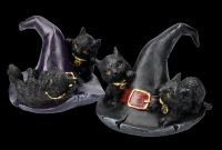 Cat Figurines Black Set of 2 with Witch Hat