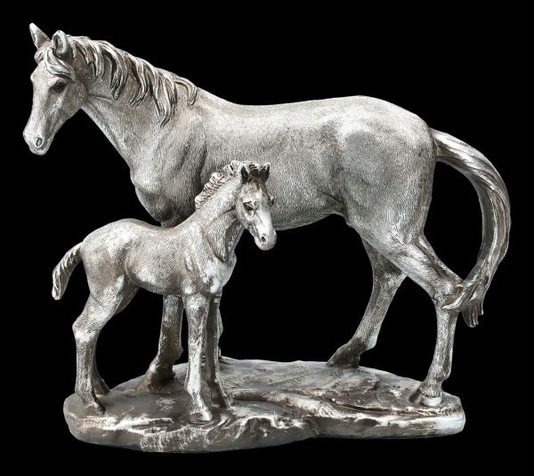 Pferde Figur - Stute mit Fohlen - Antik Silber