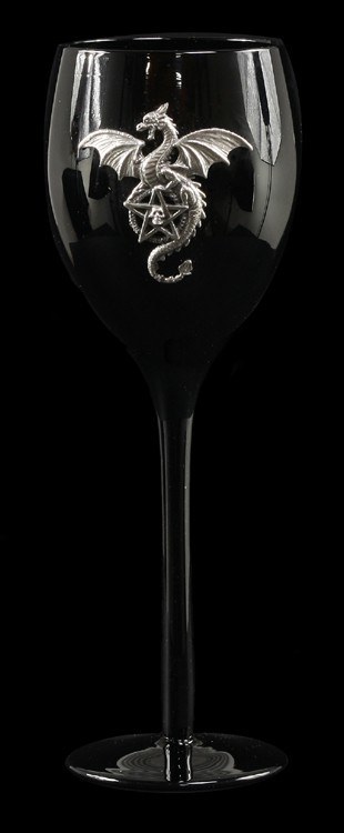 Schwarzes Weinglas - Drache mit Pentagramm