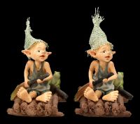 Pixie Goblin Figurine with Frog on Raft - Set of 2