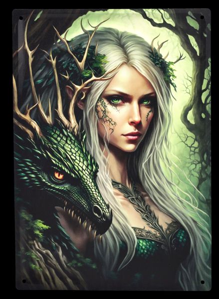 Metal Sign - Witch with Dragon - Forest Guardian