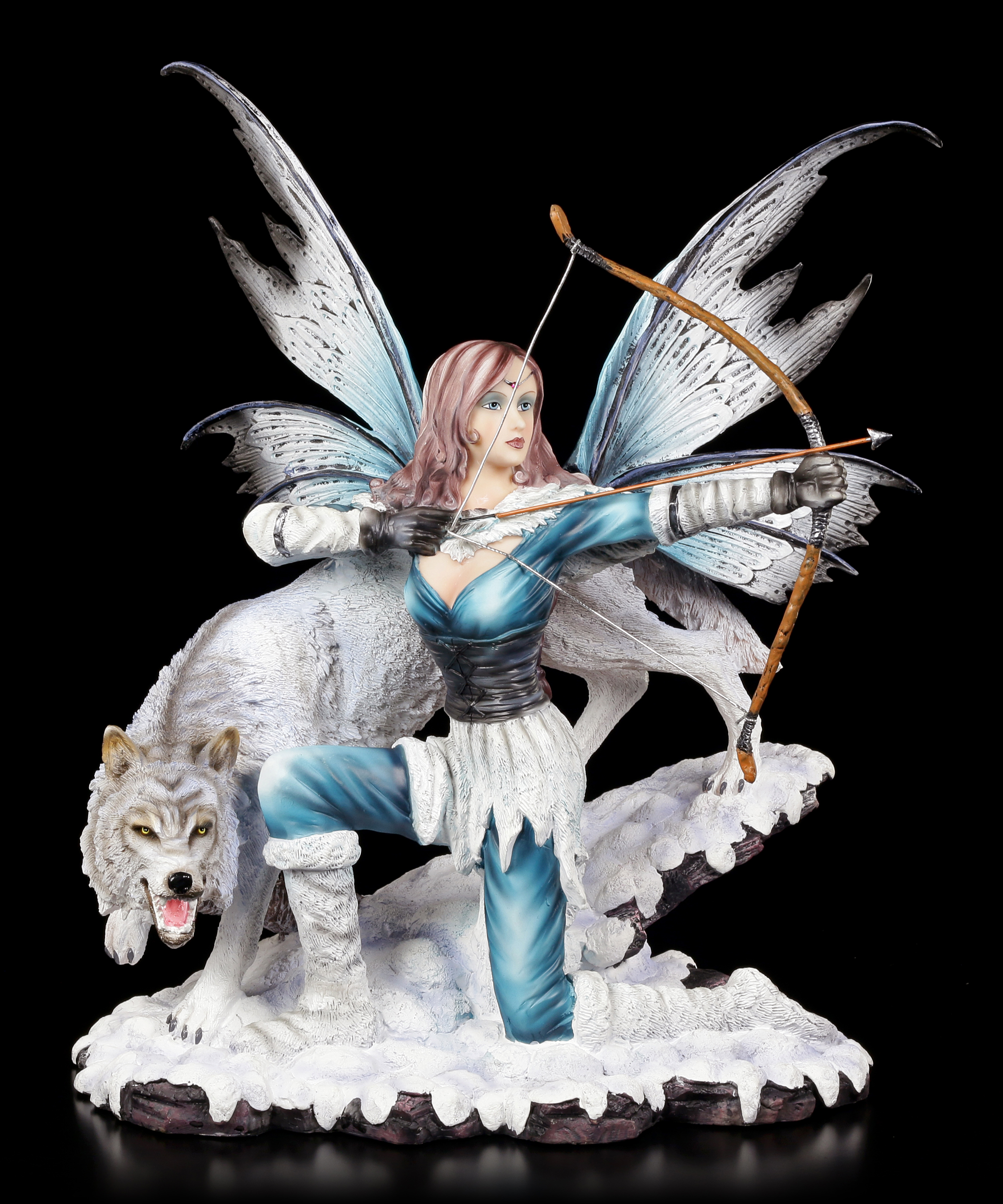 Elfen Figur Lupara mit Wolf und schussbereitem Bogen Fantasy Fee Engel Deko 