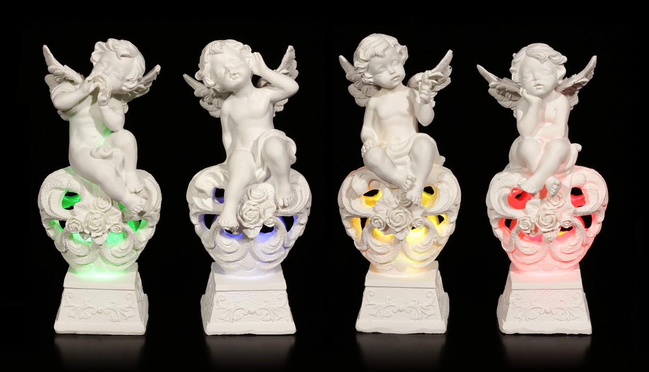 Engel Figuren - Cherubim auf Herzen mit LED - 4er Set