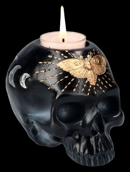 Tealight Holder - Black Skull with Moth