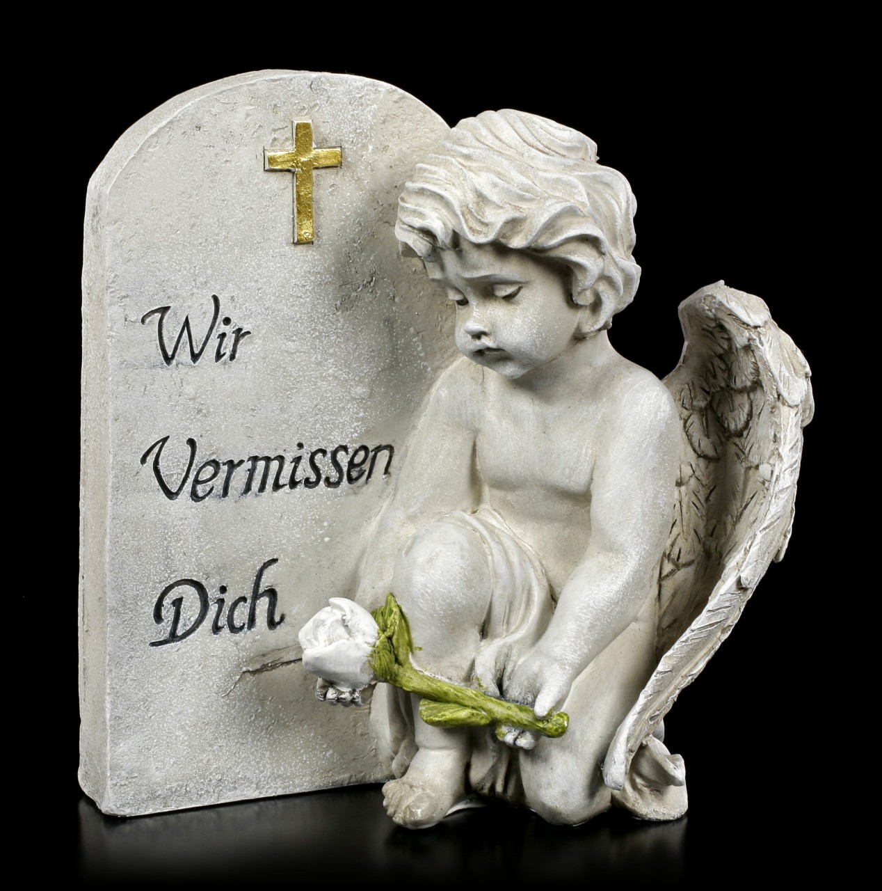 Angel Grave Figurine with Rose - Wir Vermissen Dich