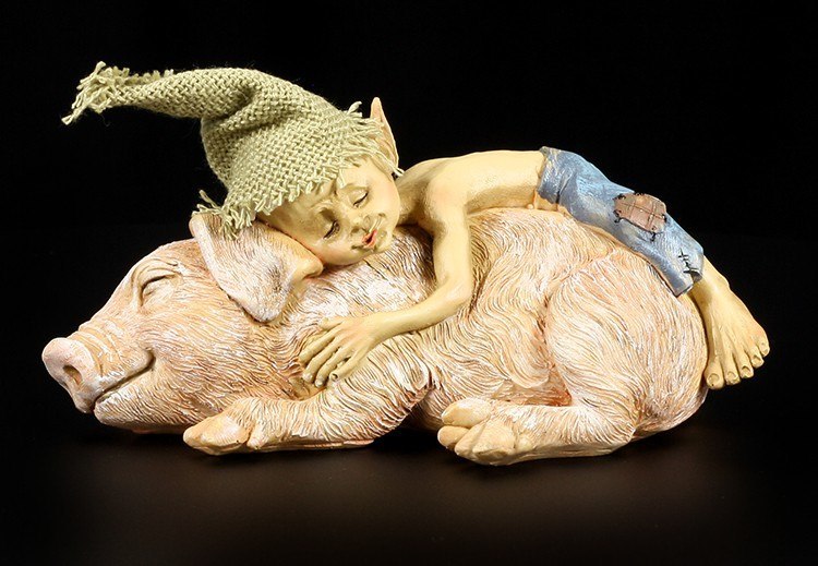 Pixie Kobold Figur - Kuschelt mit Schweinchen