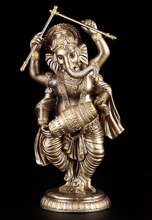 Dancing Ganesha Figurine with Drum - bronze colored