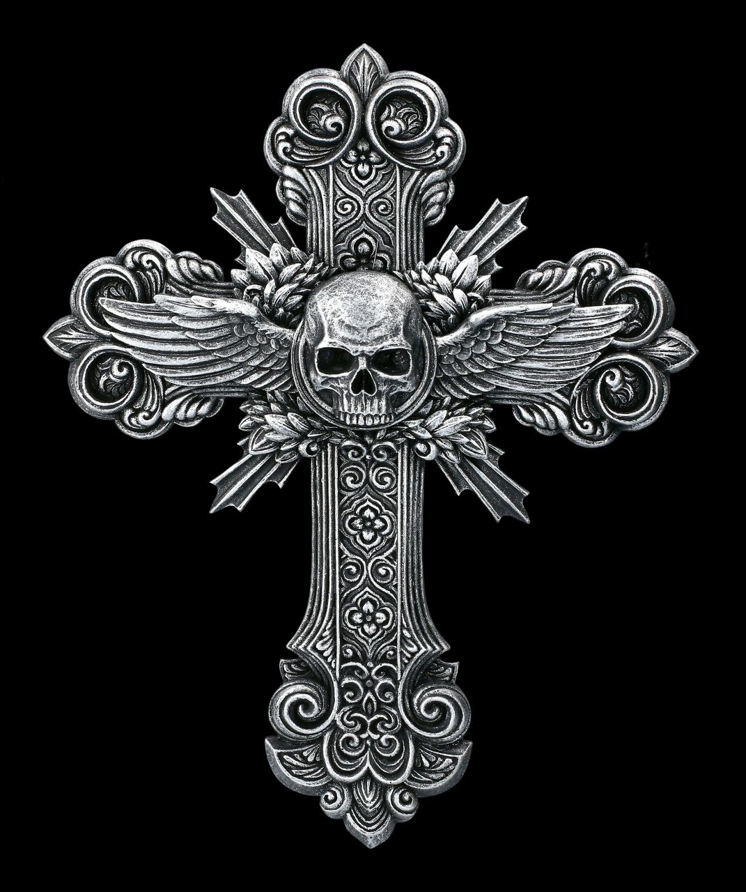 Wall Plaque - Crucifix Cross Skull and Wings 