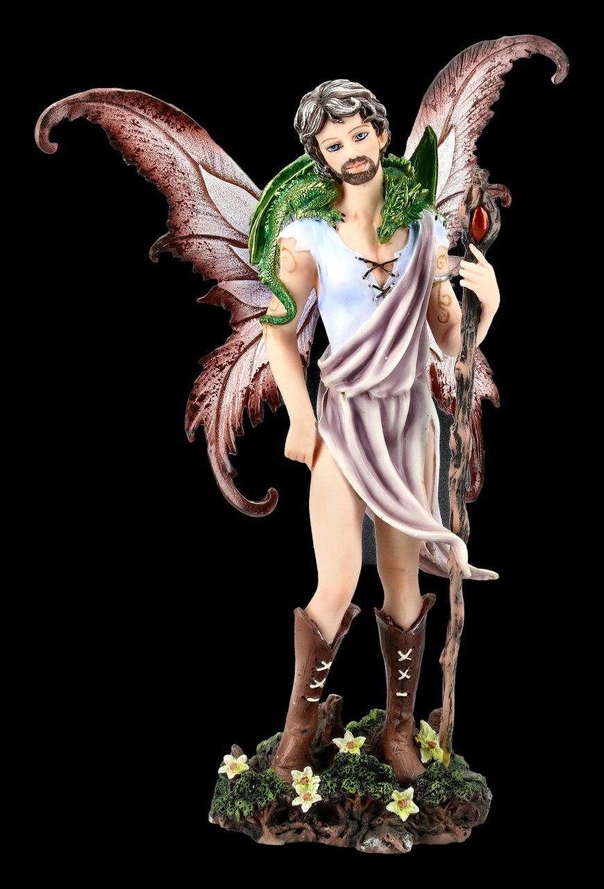 Männliche Elfen Figur mit Zauberstab und Drache