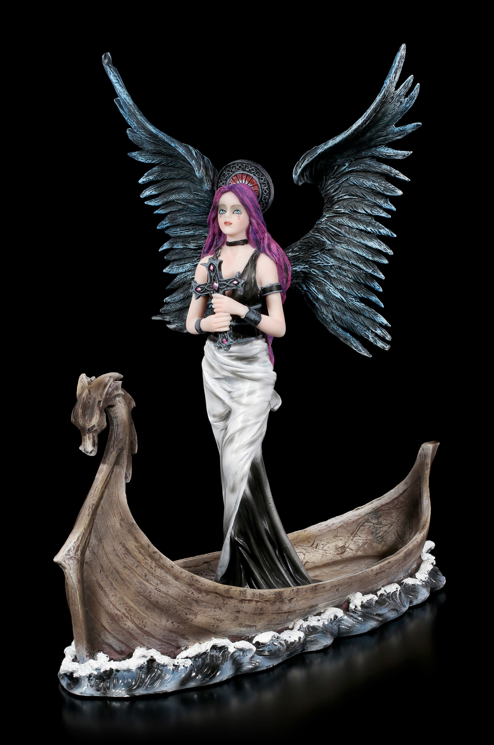 Schutzengel Tira auf Drachenboot Fantasy Gothic Engel Deko Dark Angel Figur 