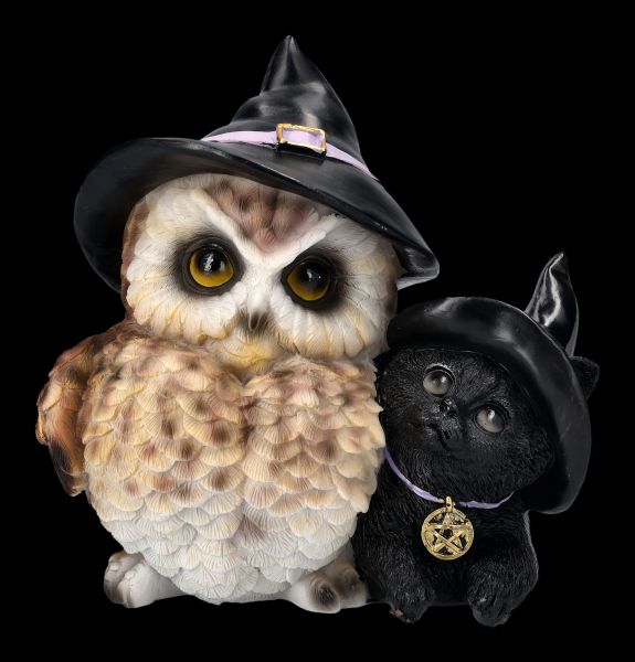 Owl and Cat Figurine with Witch Hats