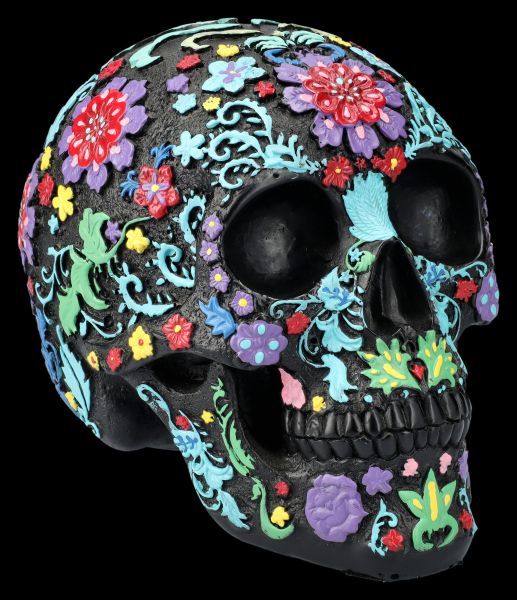 Black Skull Figurine with Colourful Floral Pattern