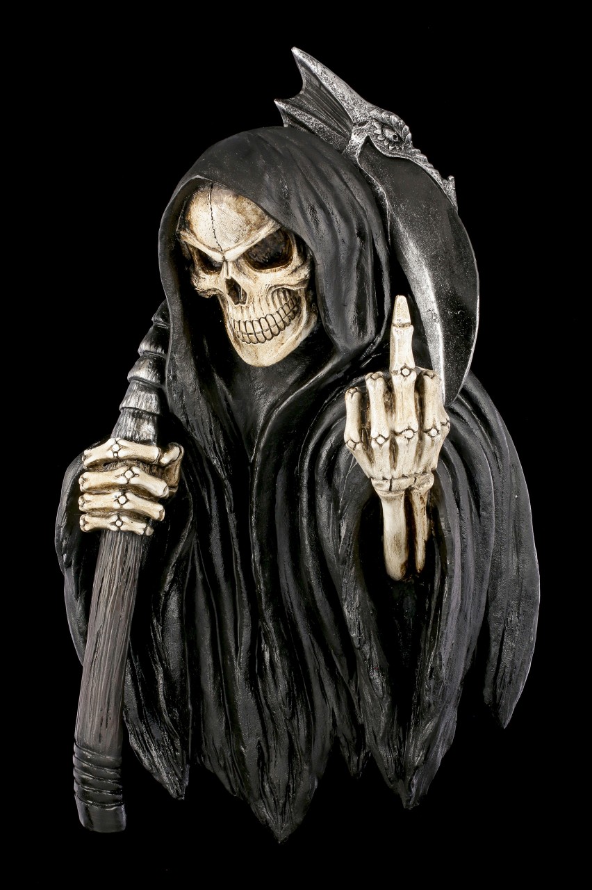 Wandrelief Sensenmann Zeigt Mittelfinger Skelette Grim Reaper Figuren Dekoration Gothic Shop Www Figuren Shop De