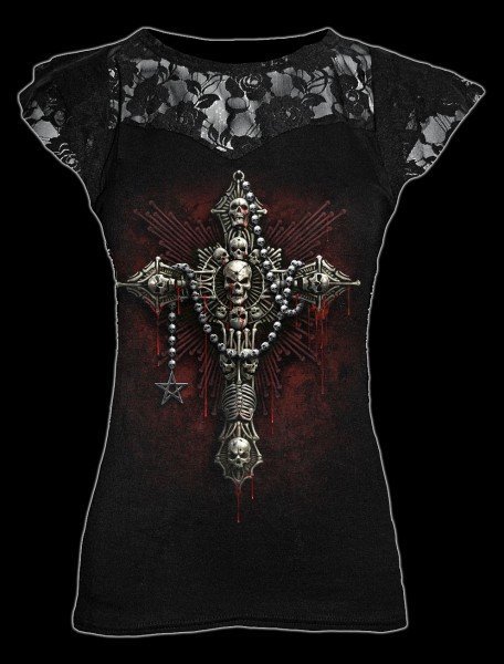 Damen Netz Shirt - Skelett Kreuz - Death Bones