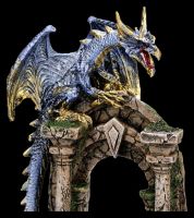 Drachenfigur - Blau-goldener Drache auf Burgruine