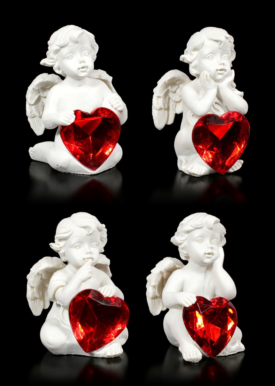 Kleine Cherubim Figuren mit roten Herzen - 4er Set