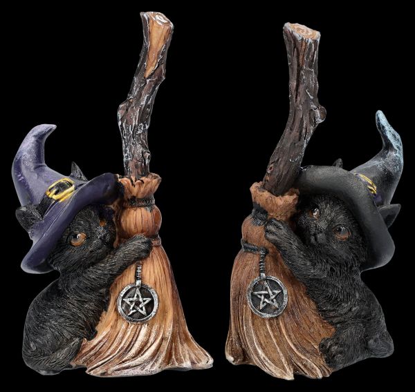 Cat Figurines Set of 2 - Witch's Broom