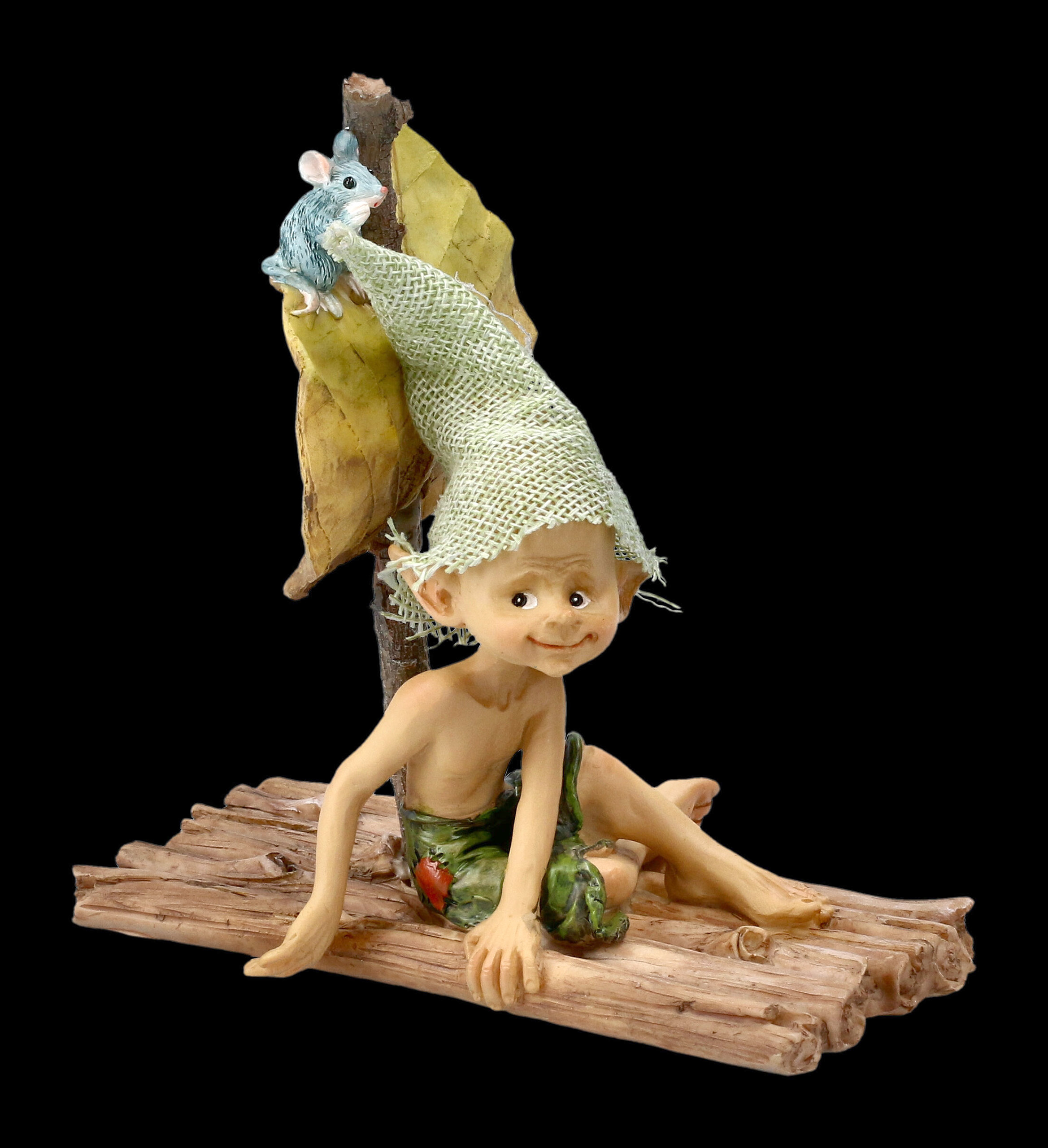 Fantasy Gnom Kobold Deko Pixie Kobold Figur mit Maus Floßfahrt 