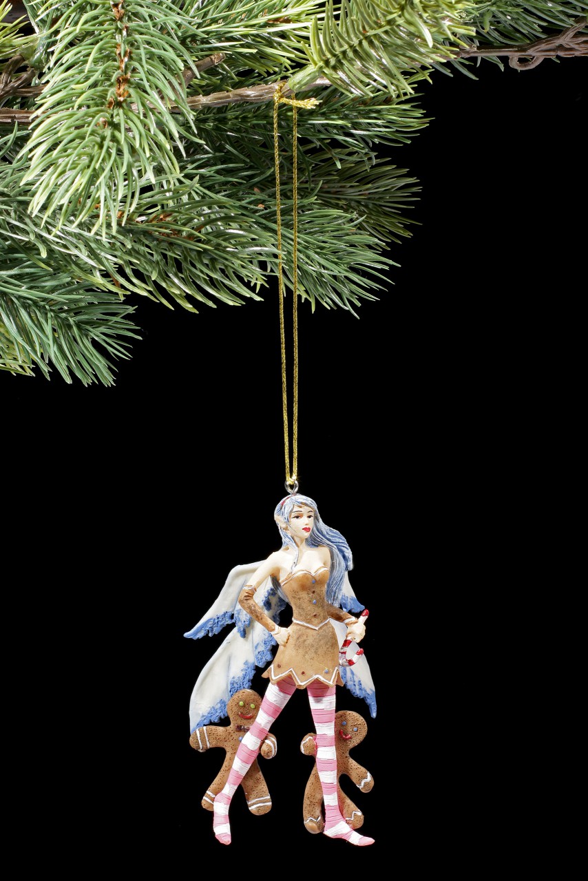 Christbaum-Schmuck - Blaue Elfe mit zwei Lebkuchen