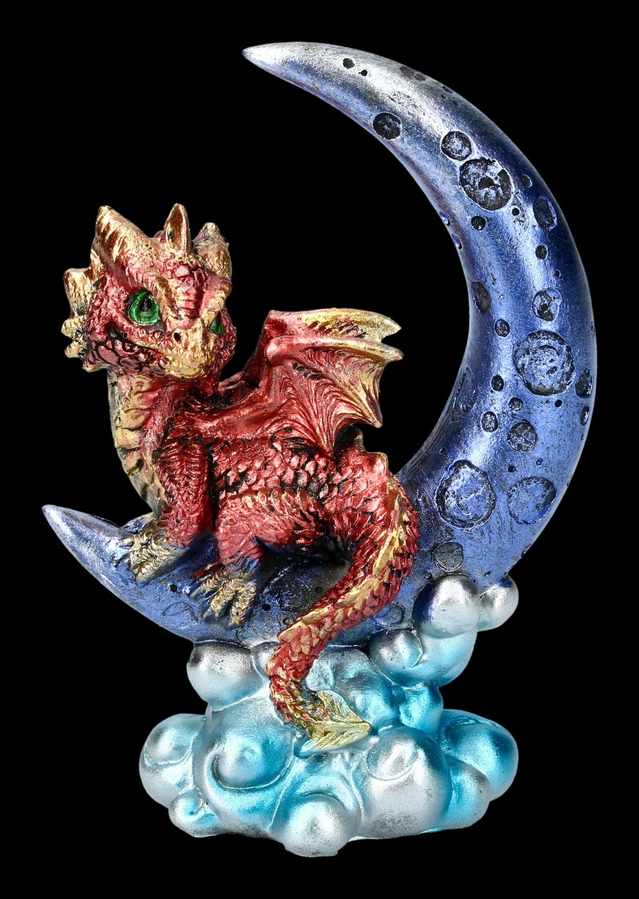 Dragon on Moon Figurine - Crescent Creature - red