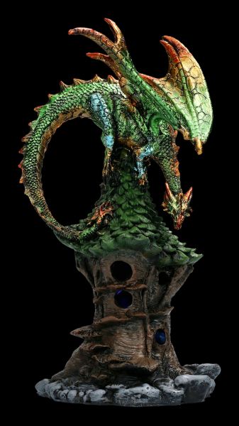 Dragon Figurine on Tree House with LED - Green Myth
