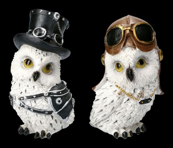 Snowy Owl Figurine Set - Aviator Cap and Top Hat
