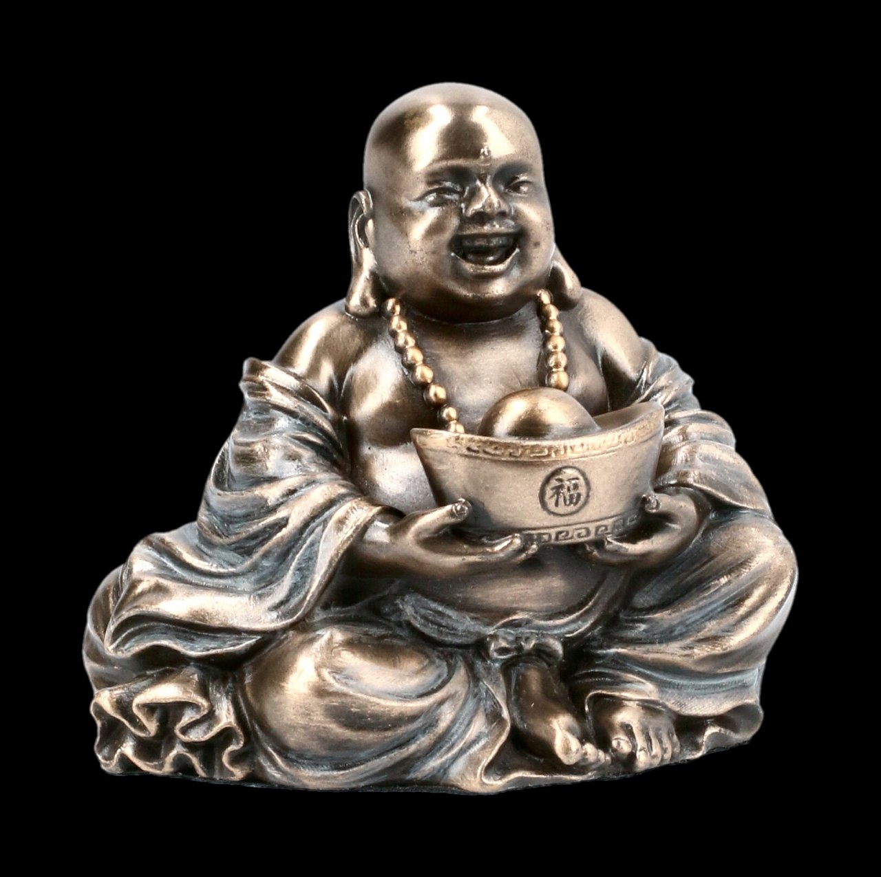 Glücks Buddha Figur hält Schale mit Goldklumpen