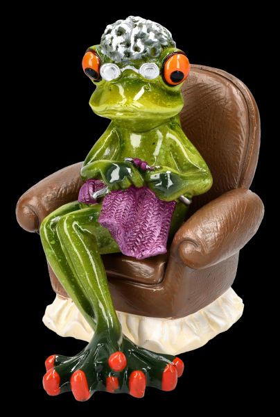 Lustige Frosch Figur - Oma beim Stricken