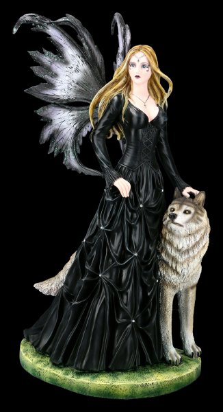 Lupiana streichelt Wolf Fee Elfe Statue Fairy Fantasy Deko Engel Figur 53 cm