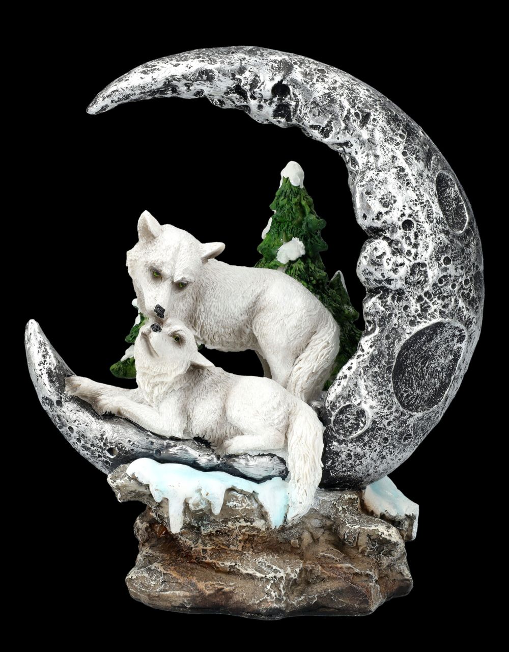 Wolf Figurines on Crescent Moon - Lunar Companions