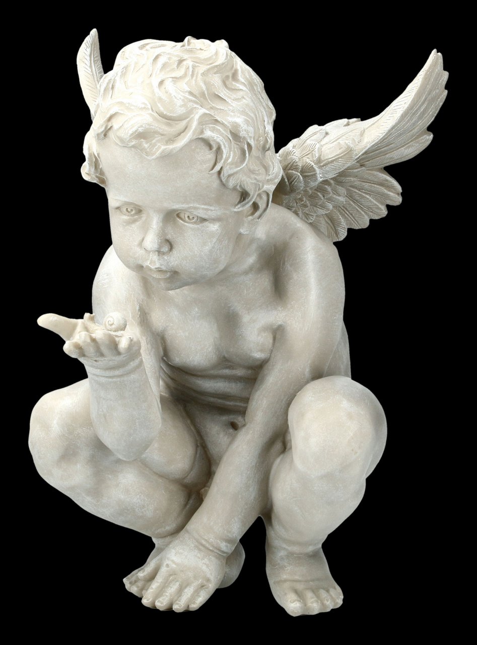 Gartenfigur - Engel hockend mit Schnecke