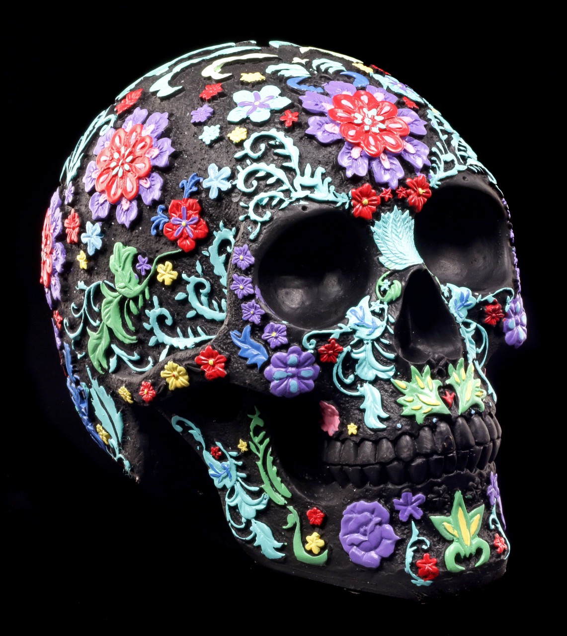 Black Skull with Colorful Floral Design