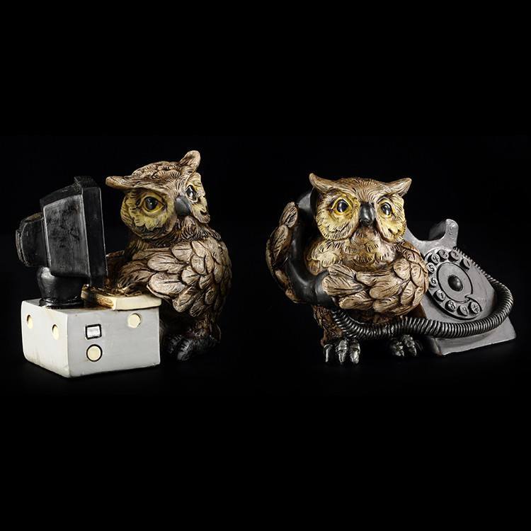 Owl Figurines with Computer and Telephone