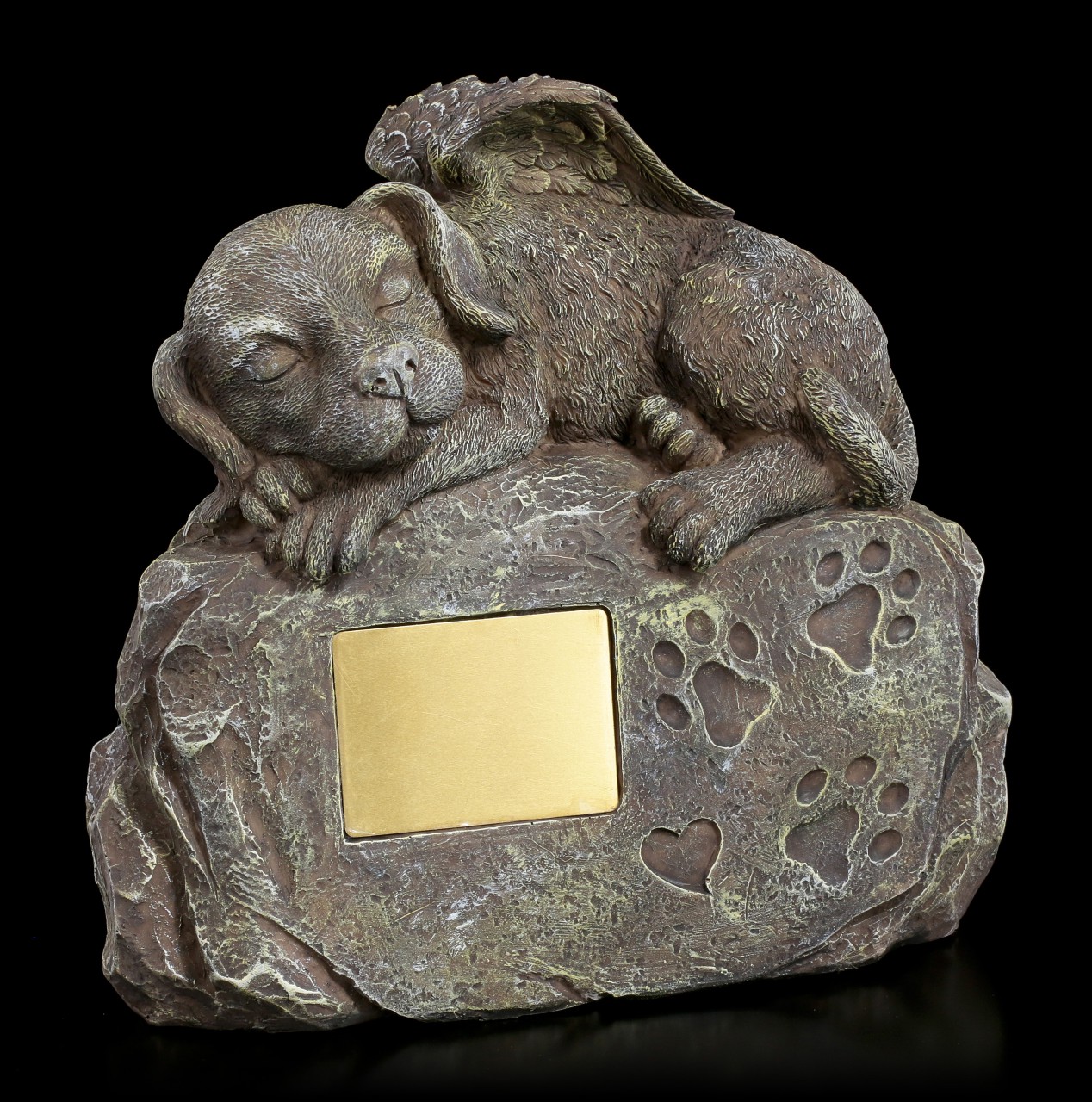 Tier Urne - Hunde-Engel auf Stein mit Gravurplatte Steinoptik