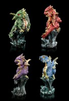 Small Dragon Figurines Sitting on Rock - Set of 4