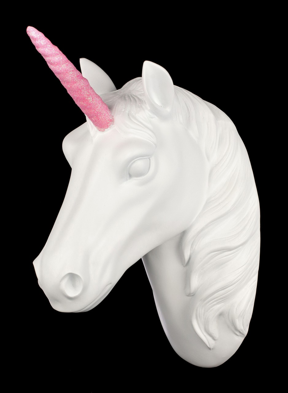 Wandrelief Fantasy weißes Pferd Pegasus Wanddeko Einhornkopf mit rosa Mähne 