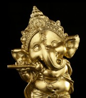Ganesha Figurine with Flute - gold-colored
